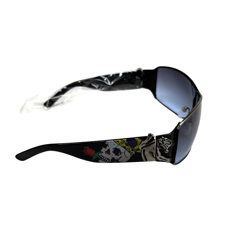 Ed Hardy Style Vtg Sunglasses Skull & Rose Tattoo Graphics Black Blue Y2K